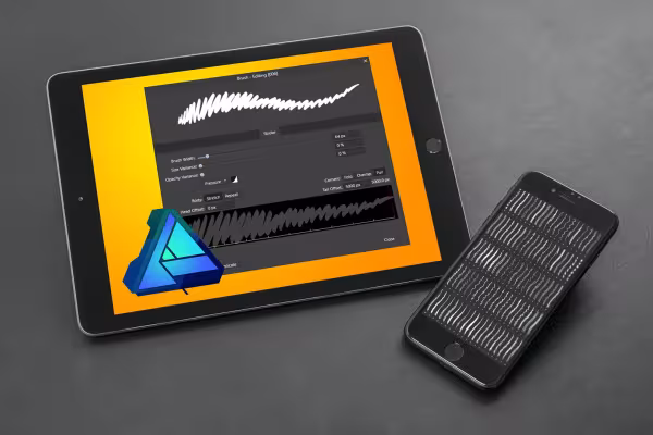 Tablet og smartphone med forhåndsvisning af Affinity Designer pensler.