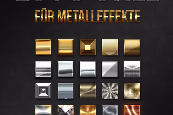 25 Photoshop styles for metal effects, including gold and silver