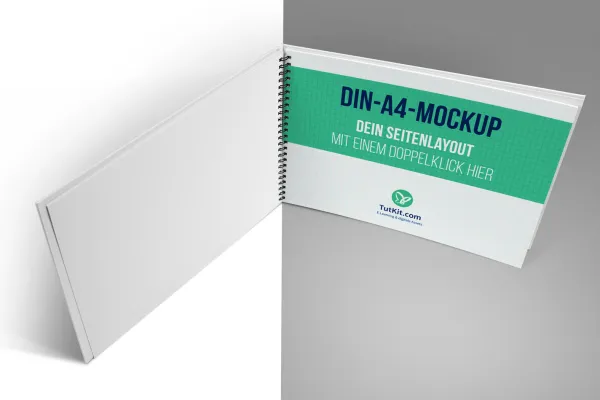 Mockup untuk brosur hardcover dengan jilid spiral format landscape