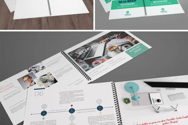 Mockup untuk buku panduan dengan jilid spiral format horizontal.