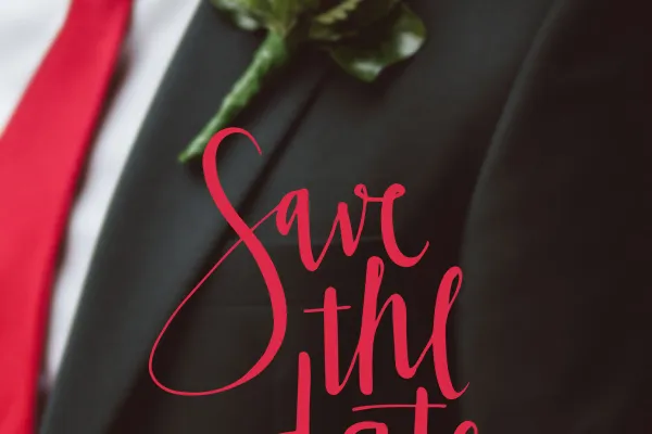 Bräutigam mit Anzug und Rose, Handlettering Save the date für eine Hochzeitseinladung