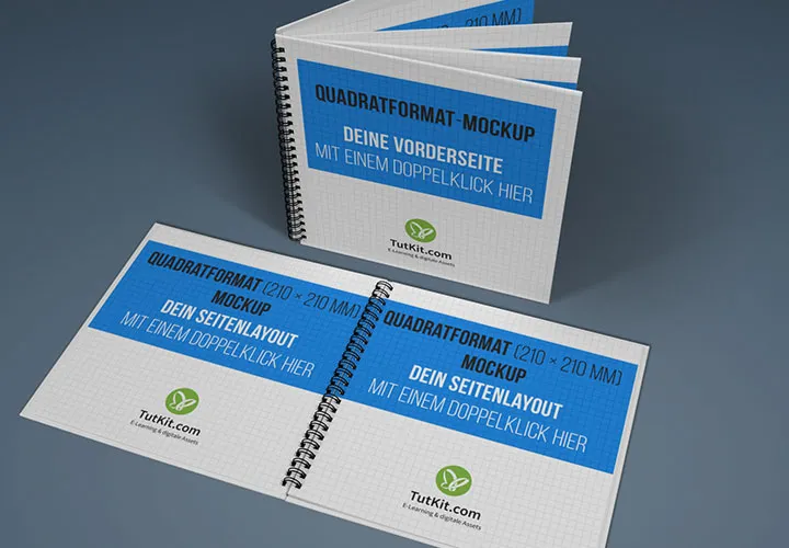 Mockups af firkantede hardcover-brochurer med spiralbinding