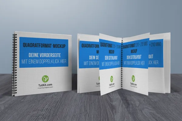 Mockup til firkantet hardcover brochure med spiralryg.
