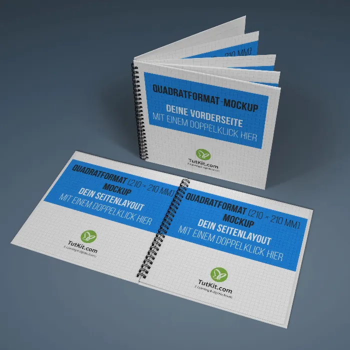 Mockups af firkantede hardcover-brochurer med spiralbinding