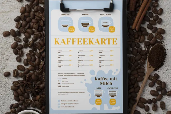 Kaffekarten-Vorlage zur Bearbeitung in InDesign, Photoshop und Word