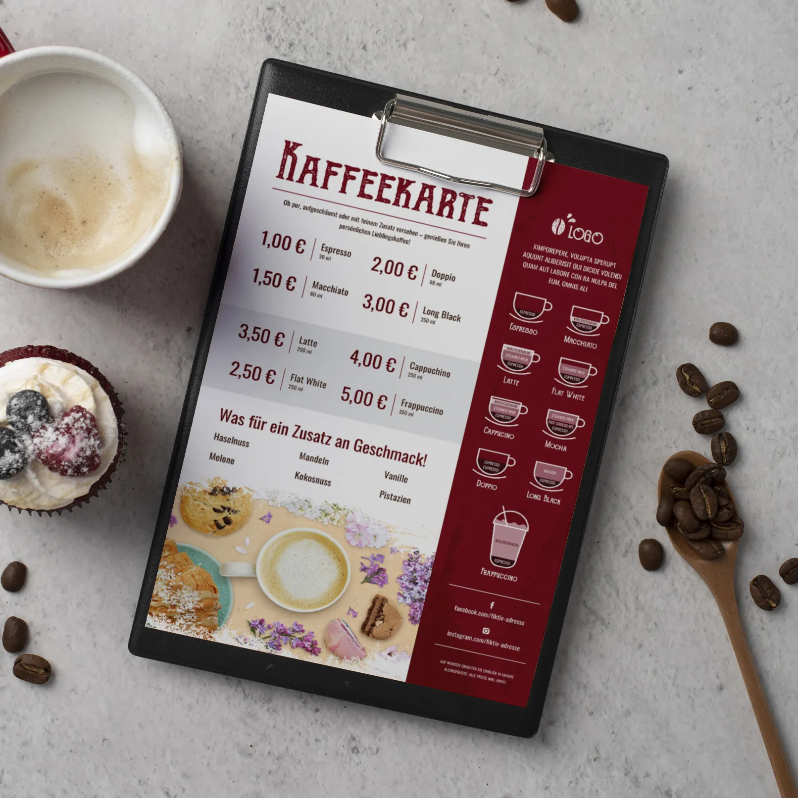 Kaffekarten-Vorlage zur Bearbeitung in InDesign, Photoshop und Word