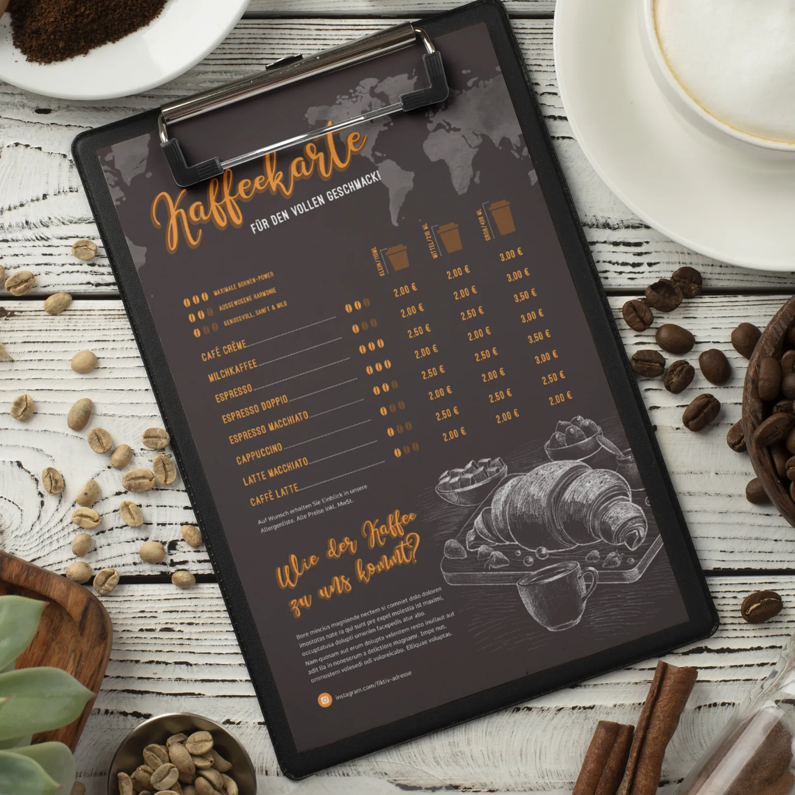 Vorlage zum Erstellen von Kaffeekarten zur Bearbeitung in InDesign, Photoshop und Word