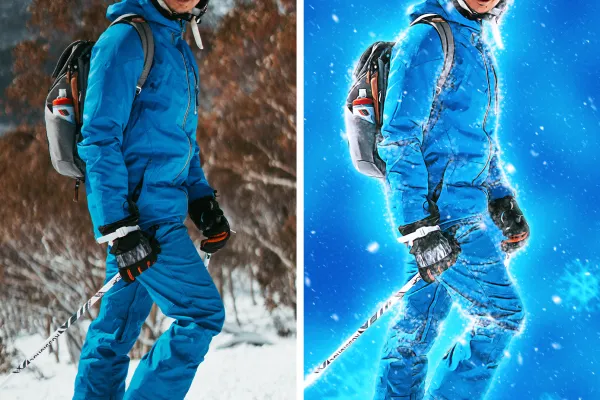 Skifahrer in Winterlandschaft, bearbeitet mit der Photoshop-Aktion Schneezauber vor Ölfarbigkeit