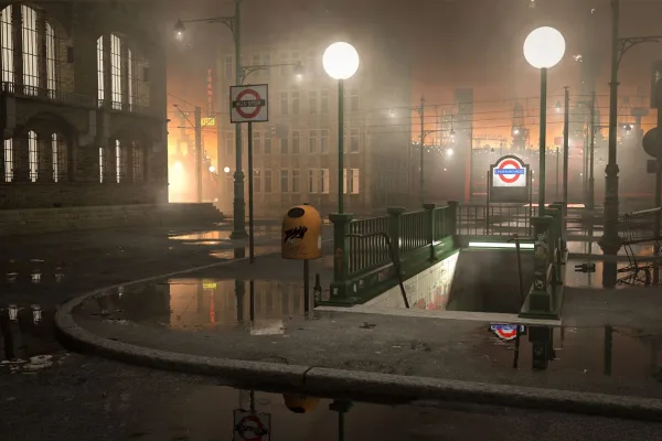 Stadtszene Underground mit U-Bahn-Station, erstellt für das Cinema 4D R21-Tutorial mit 3D-Modell, Texturen und Licht