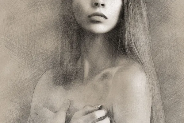 Porträt einer Frau als Bleistiftzeichnung, Foto umgewandelt mithilfe der Photoshop-Aktion