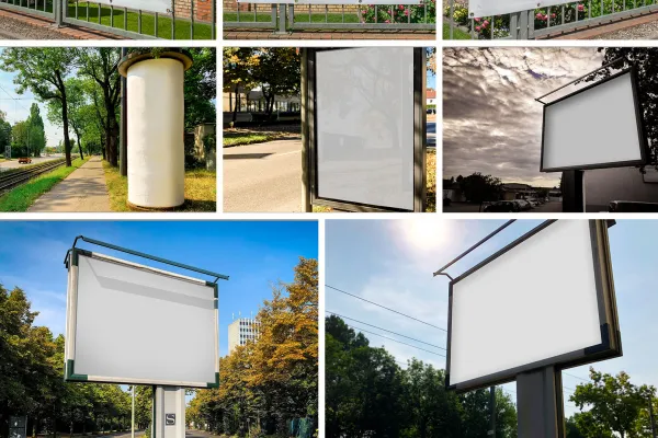 16 Mockups für Plakate und Banner in der Stadt, in Geschäften