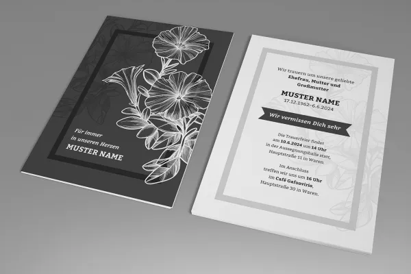 Vorlage für eine Trauerkarte in Schwarz-Weiß mit Blumenmotiv, Vorder- und Rückseite