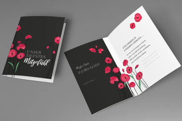 Vorlage für Beileidskarte, Kondolenzkarte als A5-Klappkarte mit illustrativen roten Rosen