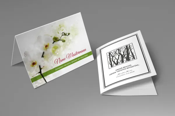 Vorlagen für Beileidskarten, Kondolenzkarten als A5-Klappkarten mit Orchideen in zartem Grün sowie mit Bäumen in Schwarz-Weiß