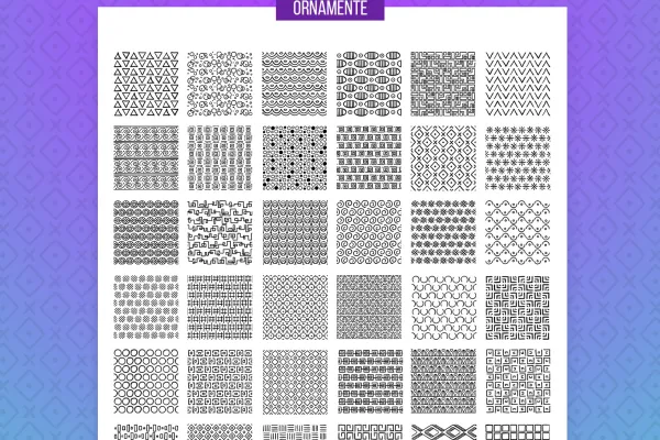 Photoshop ve Affinity Photo için süslemelerle 50 desen örneğine yönelik bir önizleme.