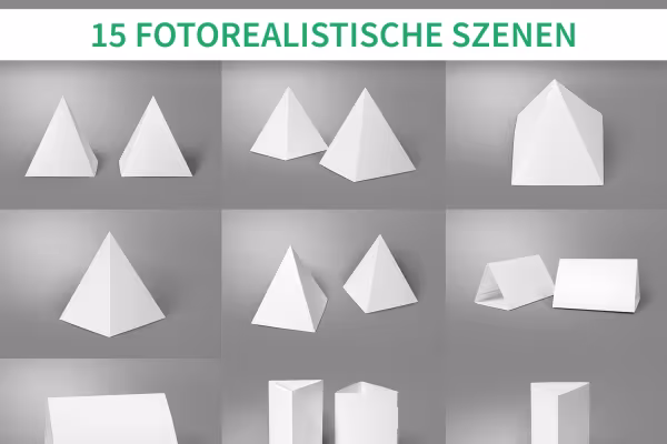 15 Mockups für Tischaufsteller im DIN-Format, als Dreiecksaufsteller und in Pyramidenform