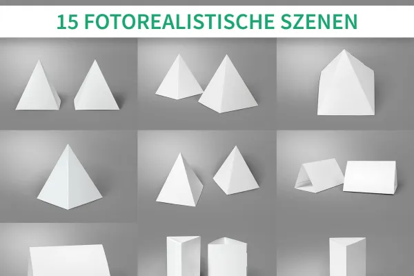 15 Mockups für Tischaufsteller im DIN-Format, als Dreiecksaufsteller und in Pyramidenform