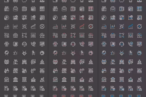 100 iconos de empresa para descargar, aquí se muestran tres variantes de color con contorno blanco
