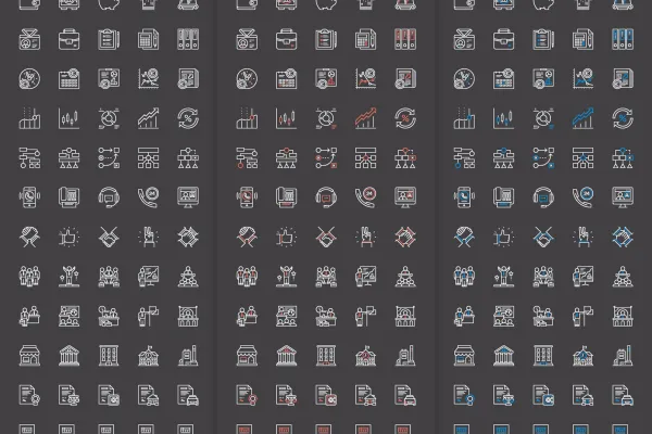 100 Business-Icons zum Download, hier werden drei Farbvarianten mit weißer Kontur gezeigt