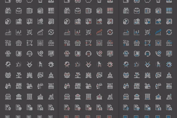 100 Ícones de negócios para download, aqui são mostradas três variantes de cores com contorno branco.