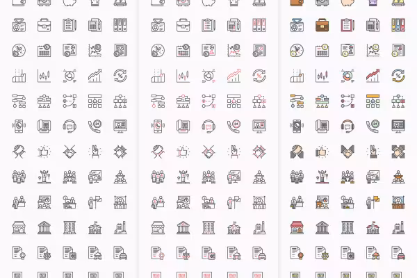 100 iconos de empresa para descargar, aquí se muestran tres variantes de color con contorno negro