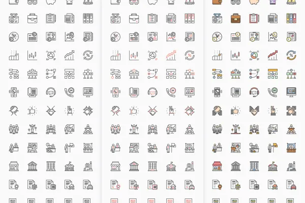 100 Business-Icons zum Download, hier werden drei Farbvarianten mit schwarzer Kontur gezeigt