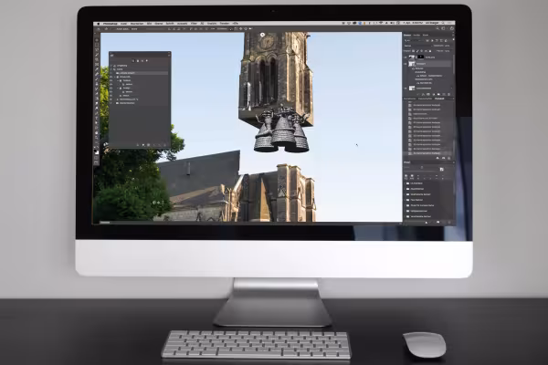 Extracto del tutorial sobre 3D en Photoshop, el cohete steeple con motor 3D despega