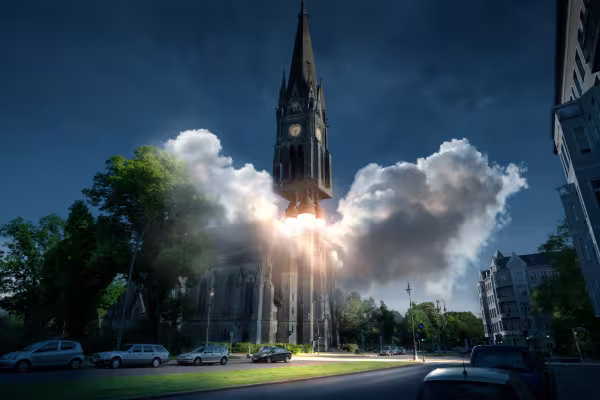 Composición de imagen Despegue, creada con objetos 3D en Photoshop. Torre de iglesia con propulsión de cohete despega hacia el cielo nocturno