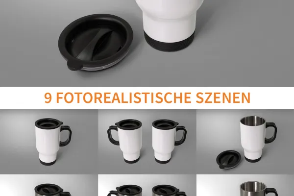 9 mockup di Photoshop per tazze termiche con diverse sfondi.
