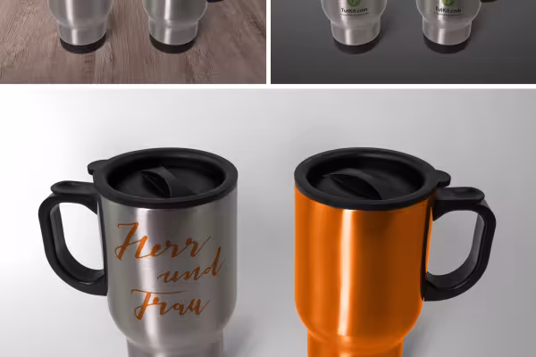Mockupit termosmukeille näyttävät Photoshop-työnkulun.