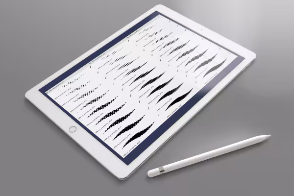 Brush for halftone screen, shown on a tablet, with a stylus next to it