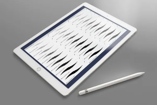Pinsel für Halbtonraster, dargestellt auf einem Tablet, daneben liegt ein Eingabestift