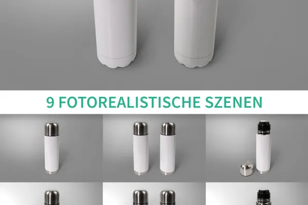 9 Photoshop-Mockups für Thermosflaschen mit verschiedenen Hintergründen