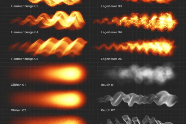 Procreate-Pinsel zum Zeichnen von Feuer mit Flammen-, Glüh-, Rauch- und Funken-Effekten