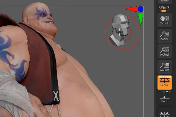 ZBrush 2020 스크린샷에는 남성 3D 모델과 새로운 CamView 옵션이 포함되어 있습니다