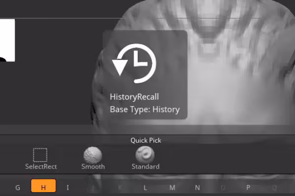Screenshot ZBrush 2020 uudella siluettikuvakkeella ja Historian palautustoiminnolla