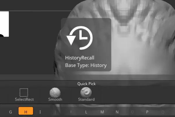 Screenshot ZBrush 2020 mit neuem Silhouetten-Thumbnail und der History-Recall-Funktion