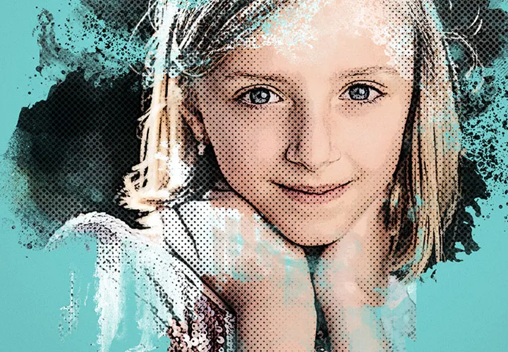 Photoshop-handling "Vibrant Halftone Art": Klik raster effekter og farvepletter i dine fotos.