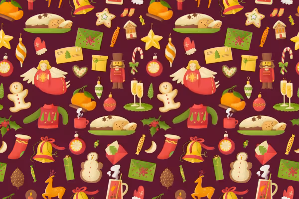 Christmas patterns and illustrations: Christmas graphics against a red background