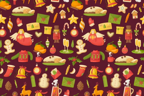 Weihnachtliche Muster und Illustrationen: Weihnachtsgrafiken vor rotem Hintergrund