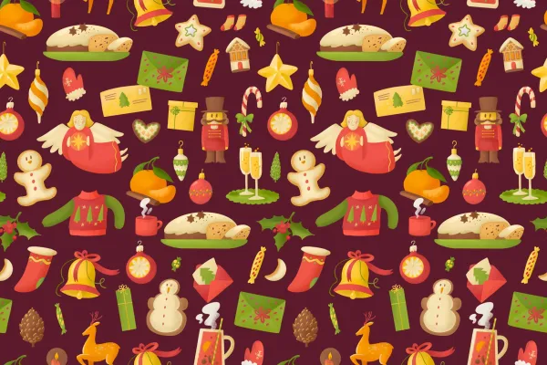 Christmas patterns and illustrations: Christmas graphics against a red background