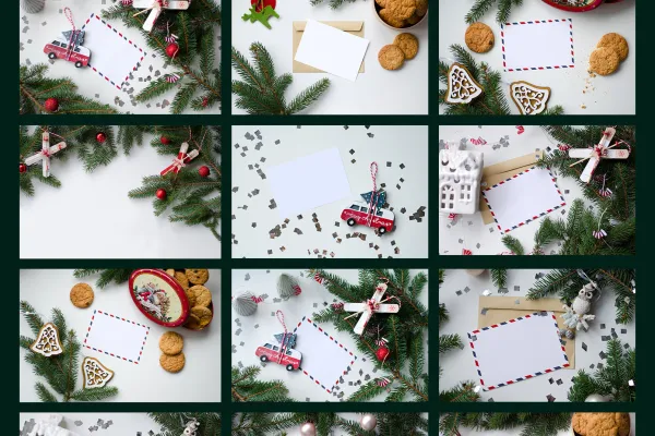 40 weihnachtliche Hintergründe mit Tannenzweigen, Zuckerstangen, Postkarten und mehr