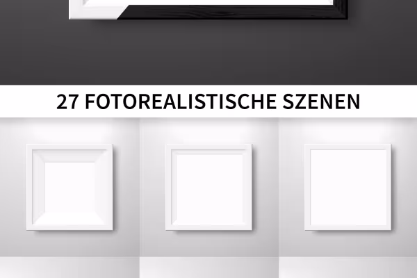 Picture frames in black and white for portrait, landscape and square format, which are available in the mockups