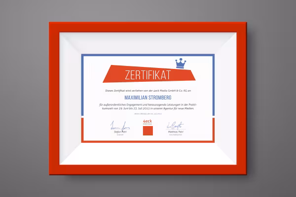 Certificate of a company in a picture frame