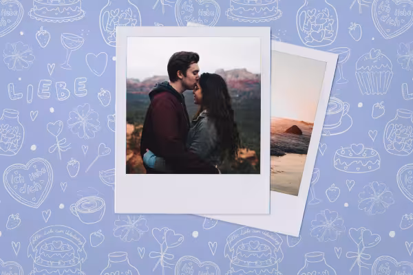 Fotos polaroid de una pareja delante de un fondo con ilustraciones de San Valentín