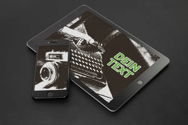 Effetto grunge-retro per un'immagine con fotocamera e un'immagine con macchina per scrivere, mostrati su tablet e smartphone.
