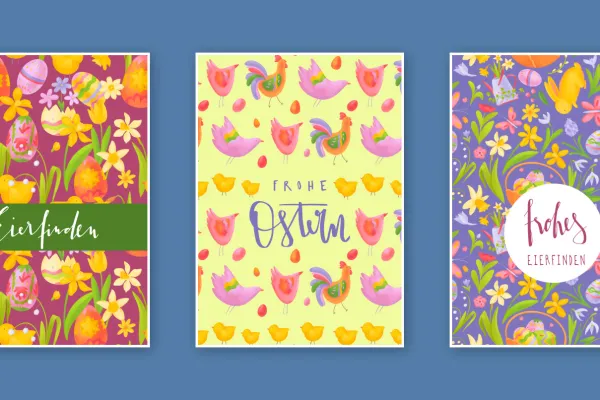 Easter greeting cards with patterns as background images and Easter sayings