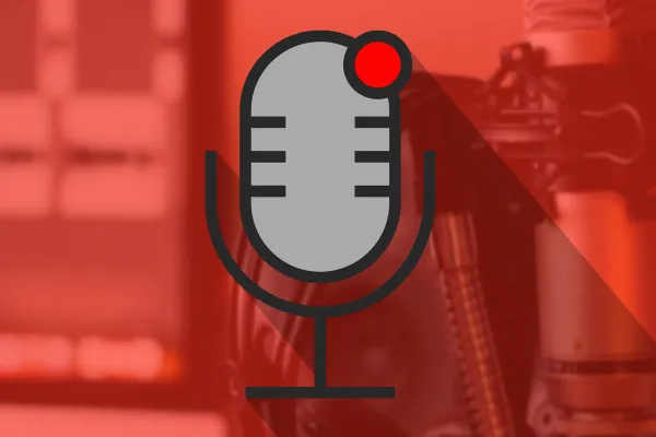 Icon eines Mikrofons vor dem Foto eines Mikrofons