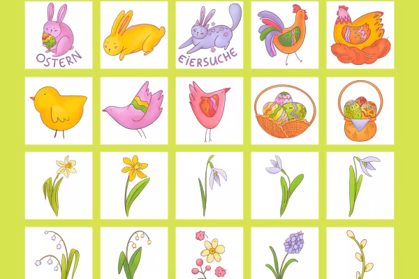 Preview of 50 graphics for Easter with Easter bunnies, Easter eggs, hens, chicks and more.