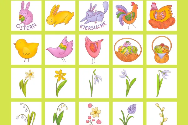 부활절을 위한 토끼, 부활절 달걀, 닭, 병아리 등 50개의 그래픽 미리보기.